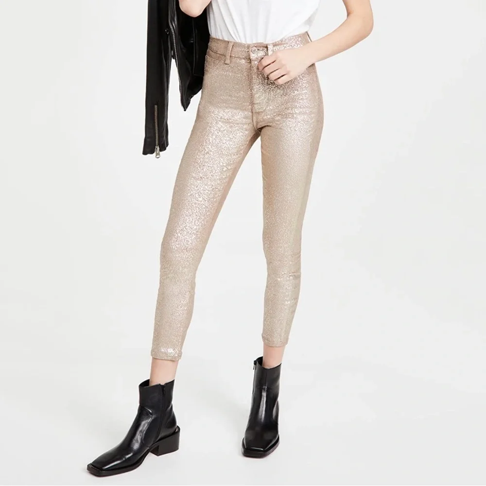 NWT 7 For All Mankind High Waist Skinny Ankle Jean Metallic Velvet Gold